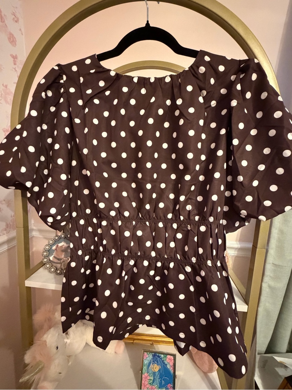 Polka Dot Peplum Blouse in Brown and White